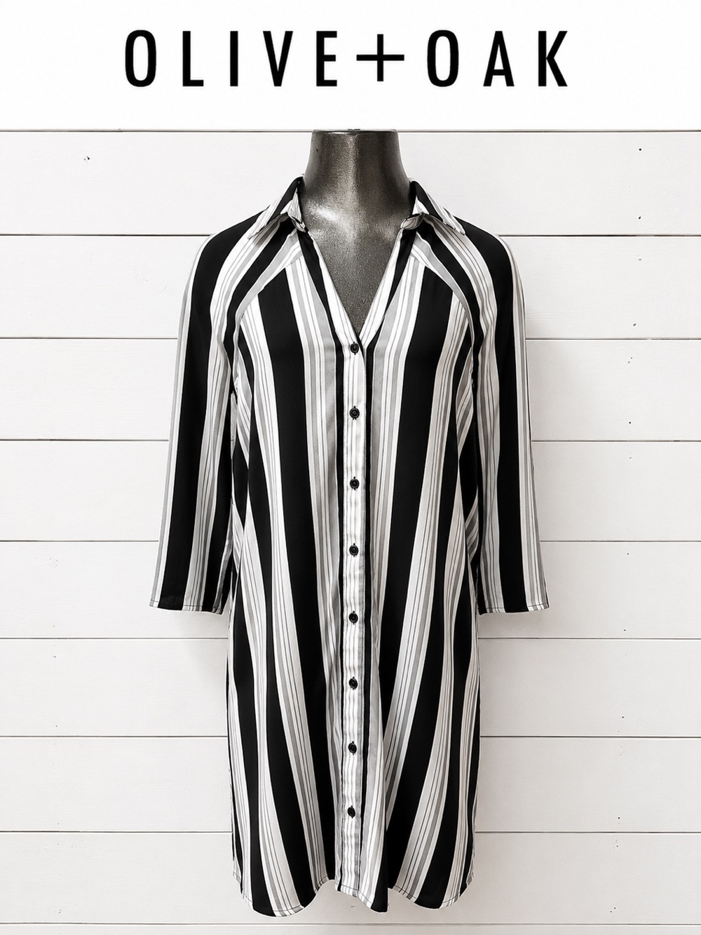 Olive + Oak Black & White Striped Shirt Dress – Size M